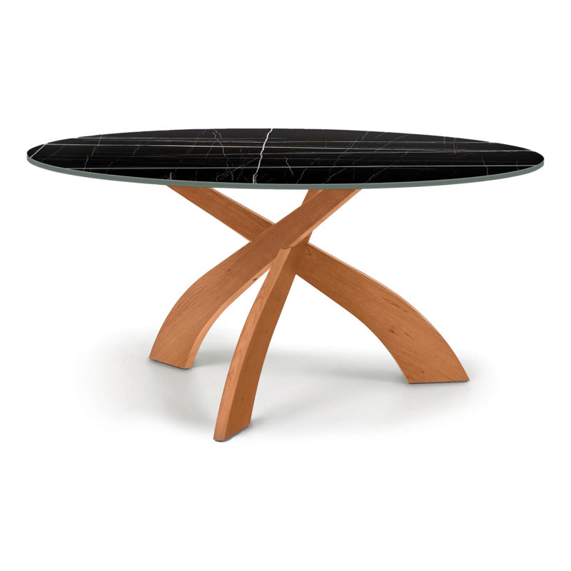 Entwine Chat Tables - Round Sintered Stone Top Table, 26" H x 54" L x 54" W, Sahara Noir, Natural Cherry