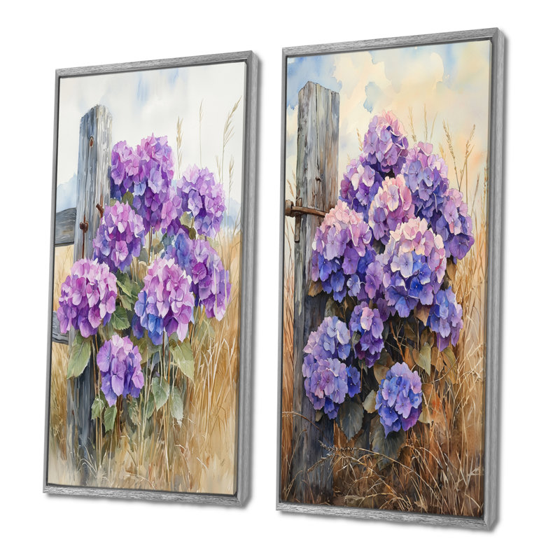 Hortensias à la clôture de la ferme I - impressions sur toile florales 2 panneaux, H 40 po x l 41 po, Encadrement argenté