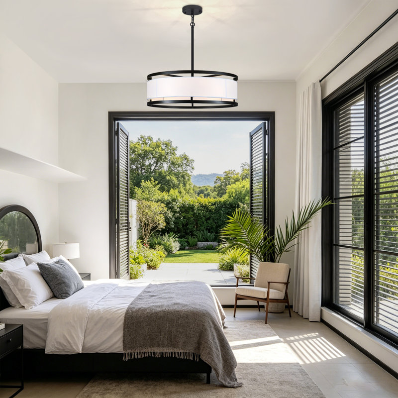 Lustre tambour 6 lumières moderne en tissu noir mat à intensité variable, luminaire suspendu à hauteur réglable pour îlot de cuisine, salle à manger et salon