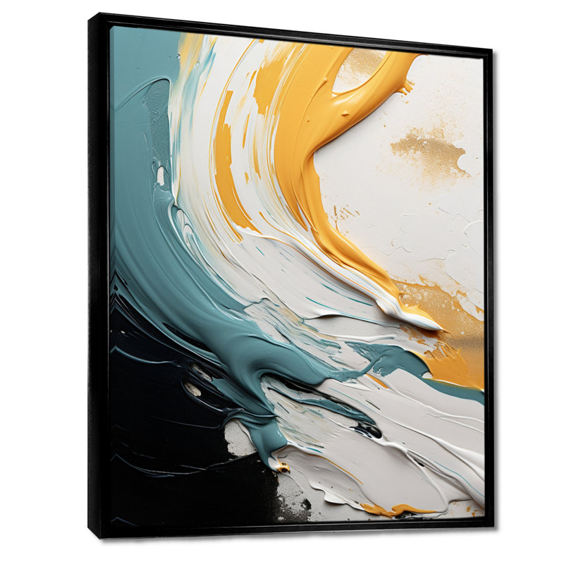 Éclaboussure jaune et une touche de bleu - art mural salon Vagues, Cadre flottant noir, H 20 po x l 12 po