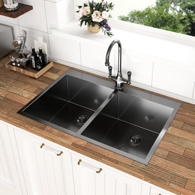 18 Gauge Stainless Steel Double Bowl Kitchen Sink - 33"X22" Gunmetal Black, User- For Package Included
