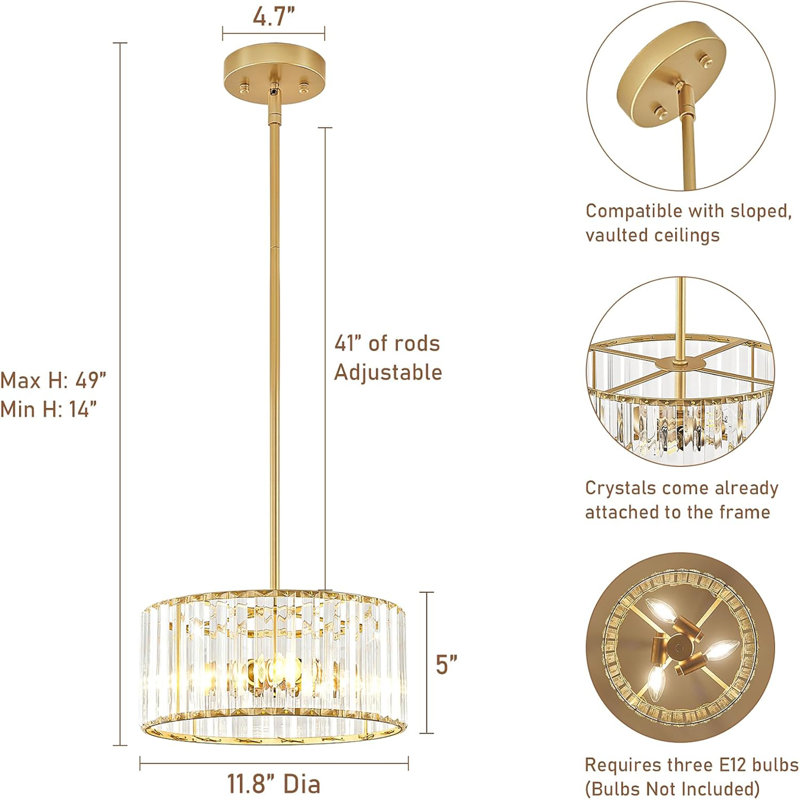 Crystal Chandelier, Small Modern Semi Flush Mount Ceiling Chandelier Light Fixtures, Round Hanging Lighting Fixture For Kitchen Bedroom Hallway Entryway Laundry Room, 3-Light, 11.8 Inch