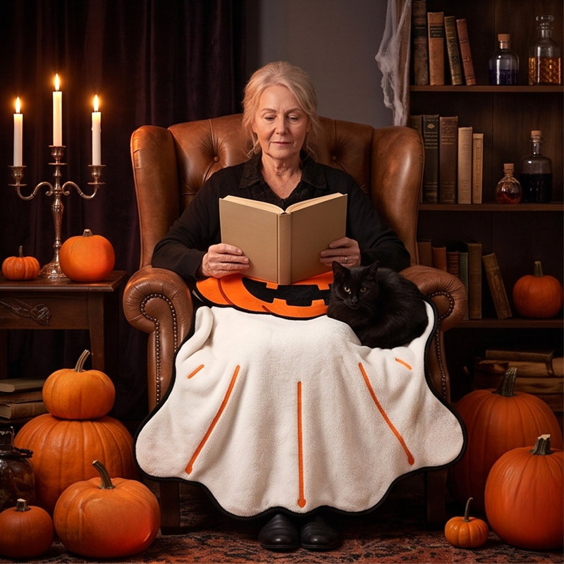 Couverture décorative d'Halloween en forme de citrouille et de fantôme - Motif original et irrégulier, doux et confortable, idéal pour canapé, lit ou décoration d'Halloween.