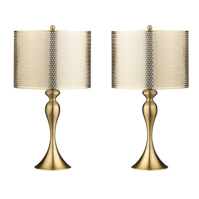 Set Of 2 Steel Table Lamps with Metal over Linen Double Drum Shade
