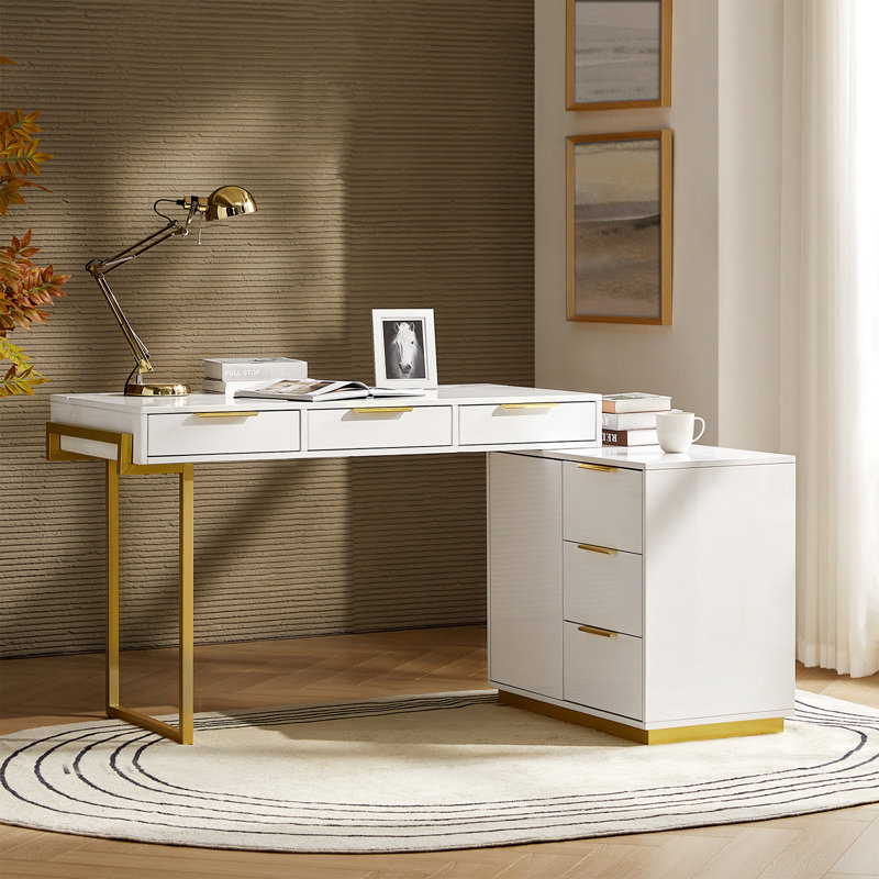 Rothi Glam 6-Drawer  L-Shaped Desk with Cable Management Power Outlets and Adjustable Shelf, White