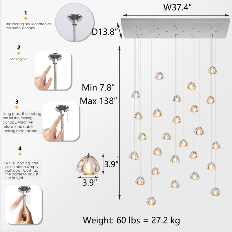 26-lights Rectangular Crystal Chandeliers Led Dimmable Light, Brushed Nickel