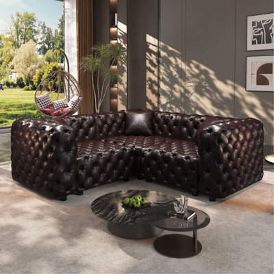 75.1" L Shaped Modern Sofa Set, Faux Leather Upholstered Modular 3-Seater Sectional Couch with Pure Handmade Button Tufted Design, 3 Pillows, Multi Co