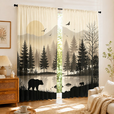 Lot de 2 rideaux à motif forêt avec ours, imprimé vintage de paysages forestiers avec soleil et montagnes, style artistique, thème naturel, rideaux décoratifs, parfaits pour le salon, la chambre, cadeau idéal pour les amoureux de la nature, installation à œillets, tissu filtrant la lumière