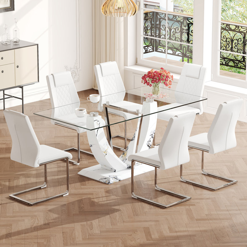 Table And Chair Set, Large Modern Rectangular Glass Table, Can Accommodate 6-8 People, Equipped With A 0.39-Inch Tempered Glass Tabletop And MDF Table Legs.Paired With Comfortable And Soft Chairs.