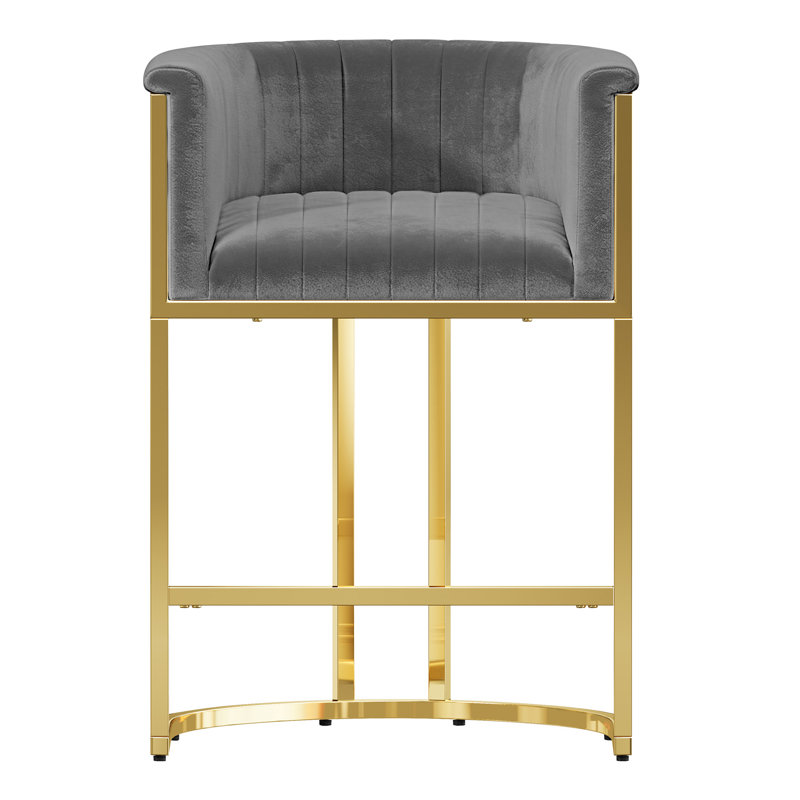 Counter Height Bar Stool Barrel Counter Stool With Backrest,Silver-Gray Velvet Gold Metal Base, Gold, Gray Velvet