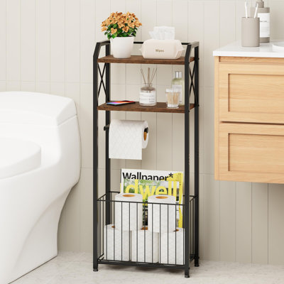 Freestanding Toilet Paper Holder - 4-Tier Bathroom Tissue Organizer With Wood Shelves And Large Basket, Toilet Paper Holder Stand For Bathroom, Laundry Room, Apartment - Black（Large）
