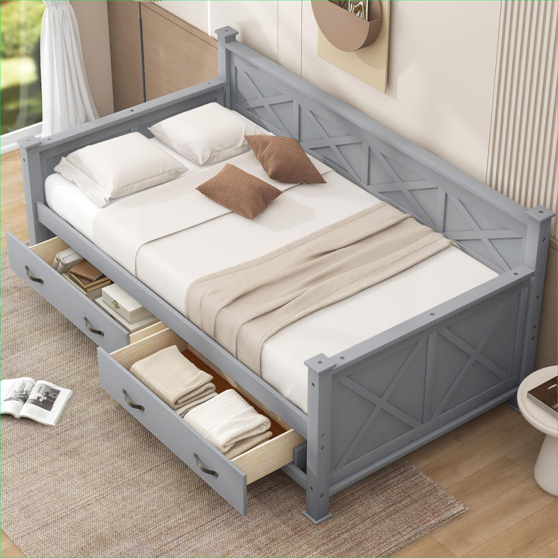 Lit de jour simple en pin massif avec 2 tiroirs de rangement, structure en X pour petites chambres d'amis et chambres d'enfant
