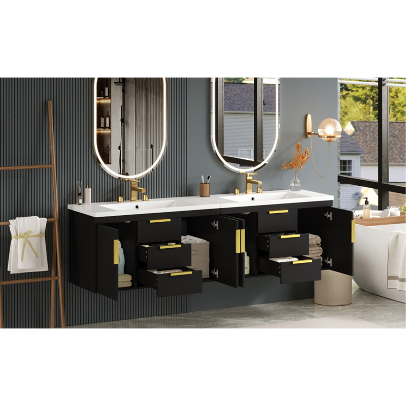 Meuble-lavabo mural 72 po, armoire de rangement flottante avec tiroirs, armoire de salle de bain en bois massif 72 po
