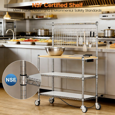 Certified Bakers Rack With Power Outlet, 4-Tier Kitchen Cart With Wheels, Heavy Duty Microwave Stand And Storage Shelves