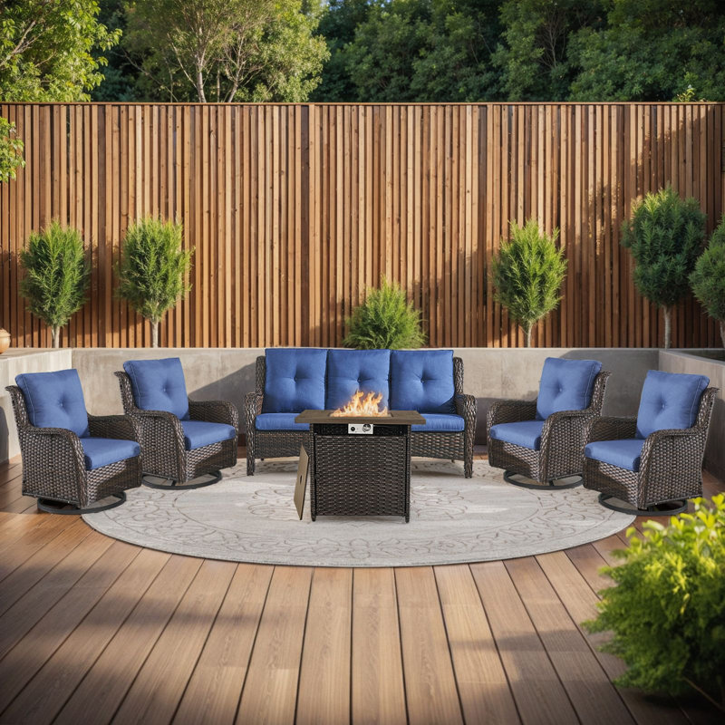 Wendye 6-Piece Outdoor Sofa & Chair Set With 4 Swivel Chairs, Fire Pit Table, Blue, Brown