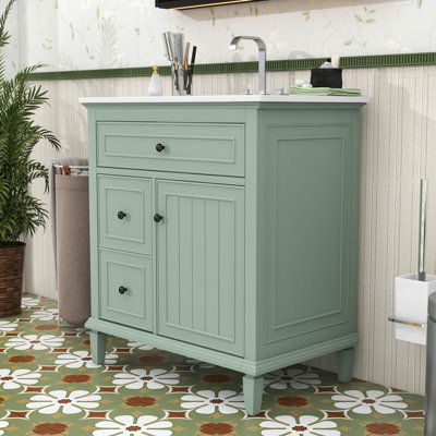 Meuble-lavabo autoportant élégant avec lavabo en céramique, rangement réglable et tiroir basculant