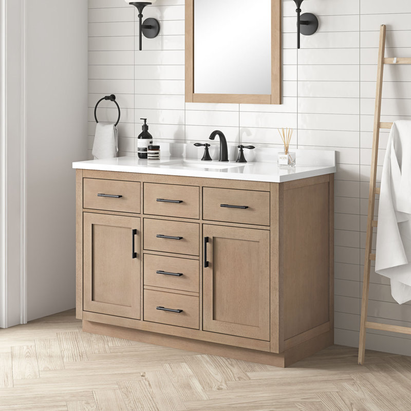 Meuble-lavabo autoportant simple en bouleau Sahara de 48 po avec comptoir en pierre blanche et dosseret Bailey, noir mat