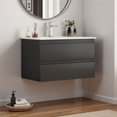 Meuble-lavabo mural de 31,5 po avec lavabo combiné, tiroirs doubles, façades de tiroirs arrondies, système de fermeture en douceur, lavabo en céramique, conception sans poignée, bois massif