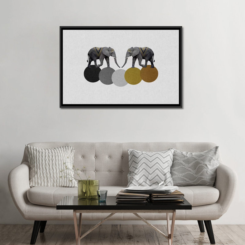 « tribal éléphants », impression sur toile, H 18 po x l 26 po x P 1,5 po, Toile avec cadre noir, Pas de tapis