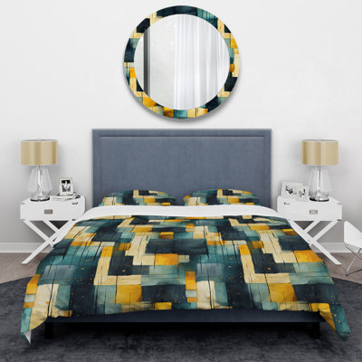 Yellow And Teal Abstract Geometric Fusion Geometric Shapes Duvet Cover
