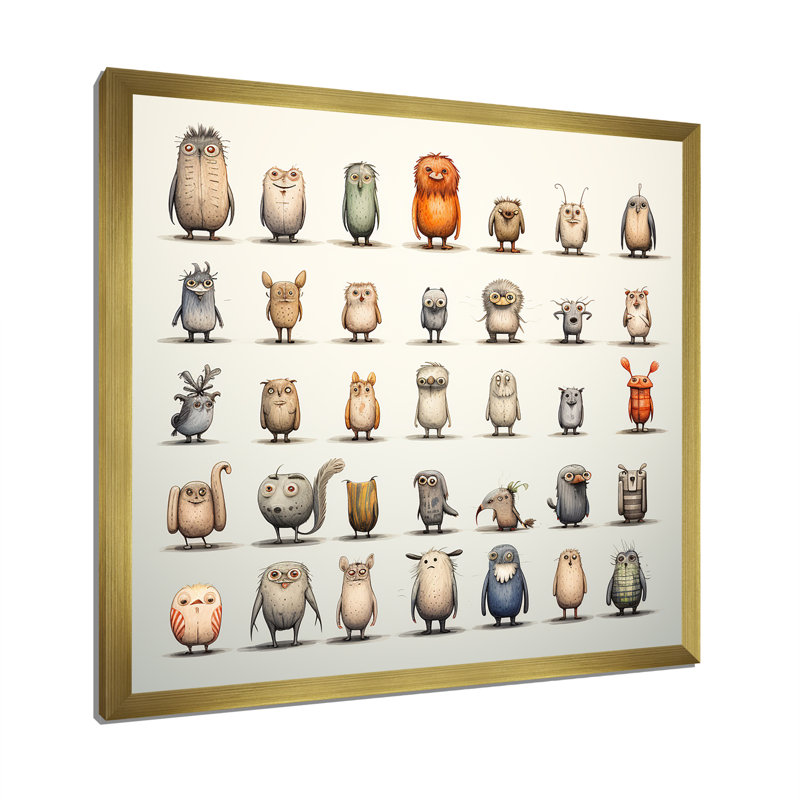 «Gray Childrens Monsters Nursery Motif I», reproduction d'art murale animaux, H 36 po x l 36 po x P 1,5 po, Cadre doré simple