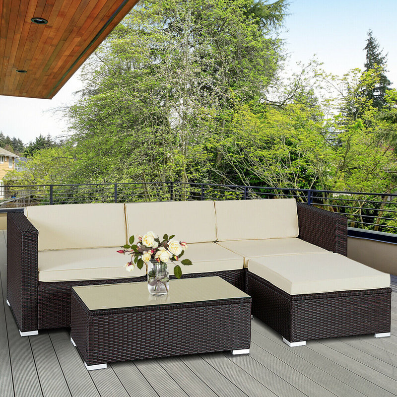 Ensemble de patio complet en rotin 5 pièces avec coussins Ledbury, Brun