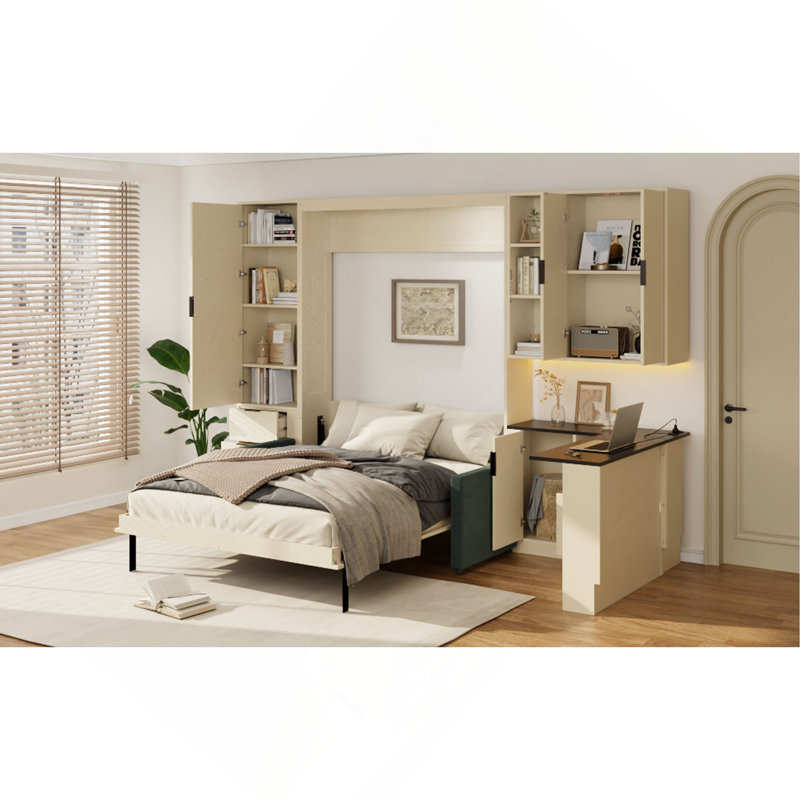 Grand lit escamotable mural avec rangement hydraulique, canapé, tablettes et tiroirs, éclairage DEL / USB, Beige