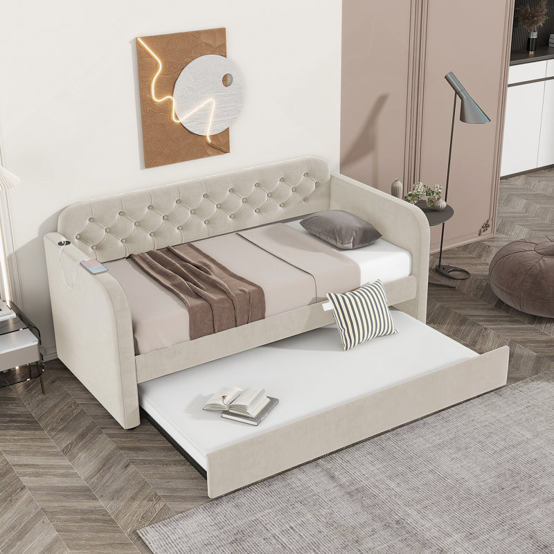 Twin Size Upholstered Daybed With Trundle And USB Charging Design, Velvet Upholstered Daybed Frame