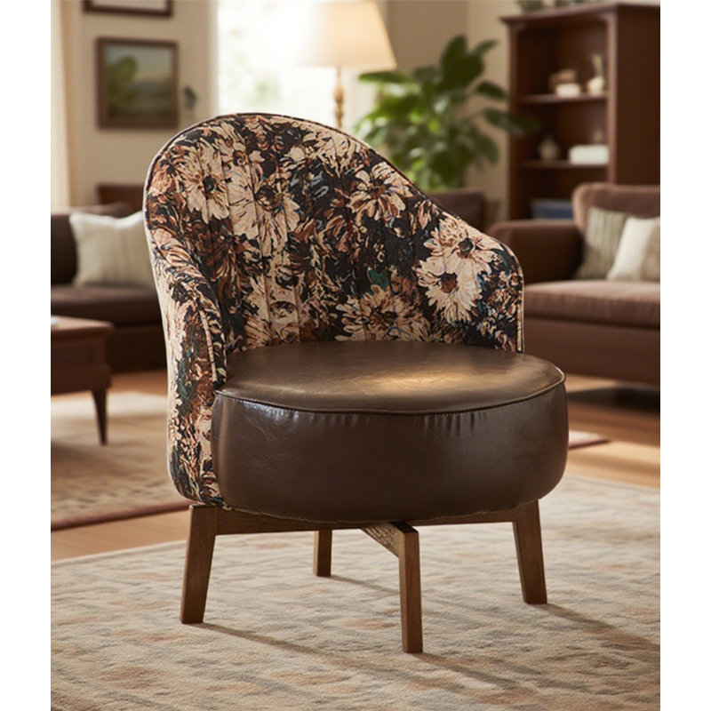 Fauteuil rotatif rétro en tissu et cuir avec pieds en bois massif pour le salon