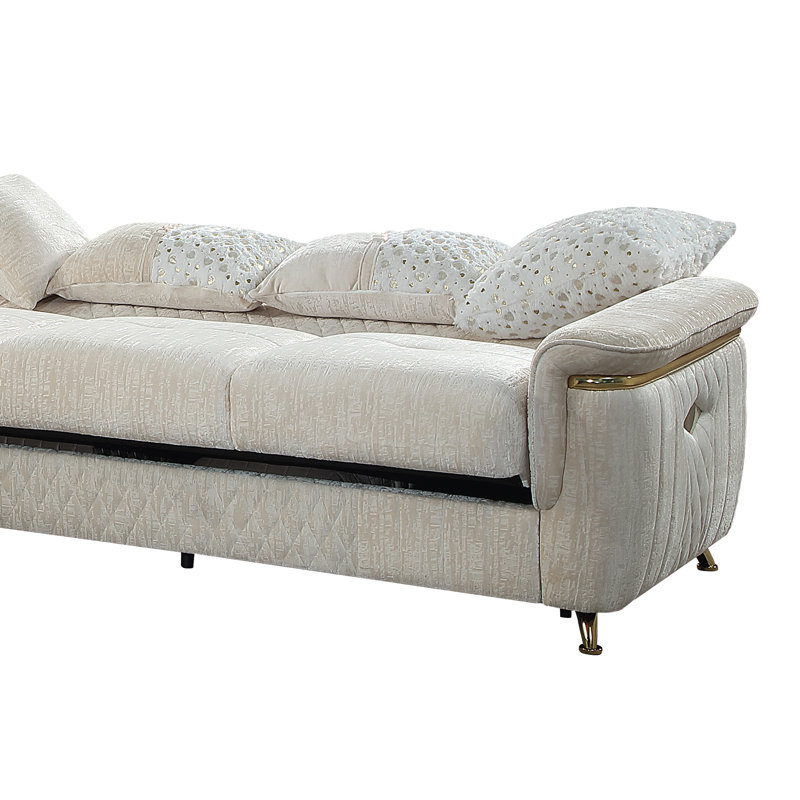 Aurora Reversible Fabric Sectional Sofa with Dual Storage and Elegant Gold Accent Trim, Cream Fabric