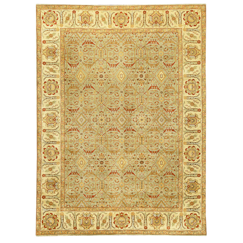 High-Quality Hand-Knotted Green And Beige Area Rug