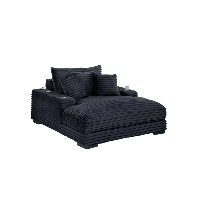 Chaise longue moderne avec porte-gobelets en bois et velours côtelé, Noir