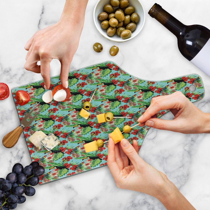 Ambesonne Exotic Tempered Glass Cutting Board Hibiscus Parrot and Toucan Multicolor