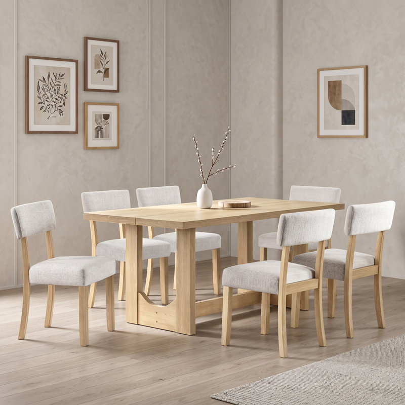 Ensemble de table de salle à manger 7 pièces pour 6 personnes avec table rectangulaire et six chaises ergonomiques rembourrées en lin pour la salle à manger