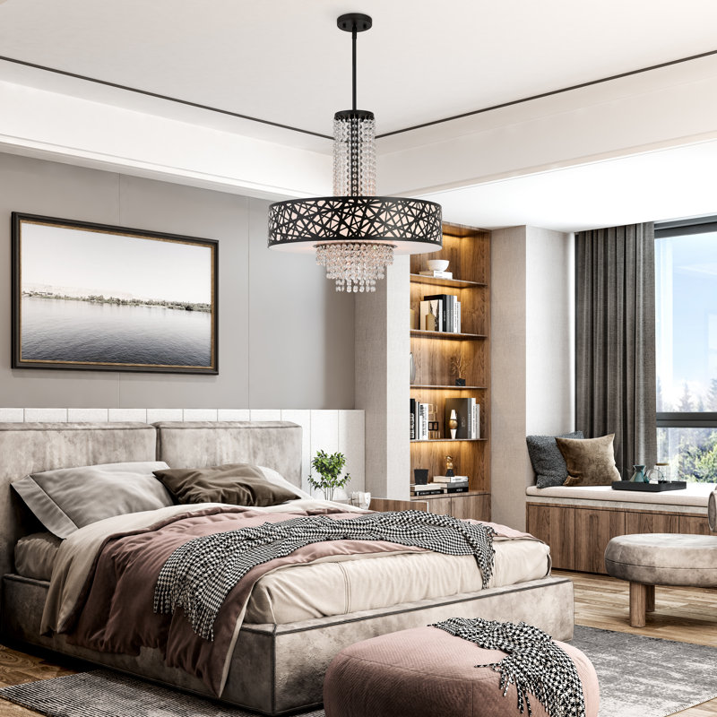 Lustre tambour unique avec détails en cristal Feltman, H 25,25 po x l 22 po