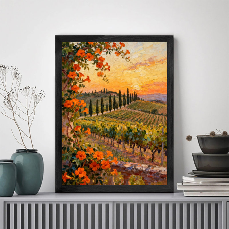 Reproduction d'art encadré noir d'automne rétro dans les vignobles toscans, H 25 po x l 17 po