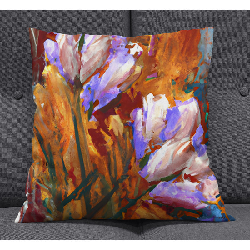 Throw Pillow With Insert, Orange/Purple Floral 9, 20"H x 20"W