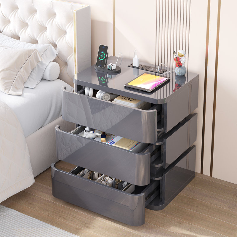 Table de chevet 3 tiroirs avec station de charge et lumière RVB à capteur de mouvement, profil courbé, aucun assemblage requis