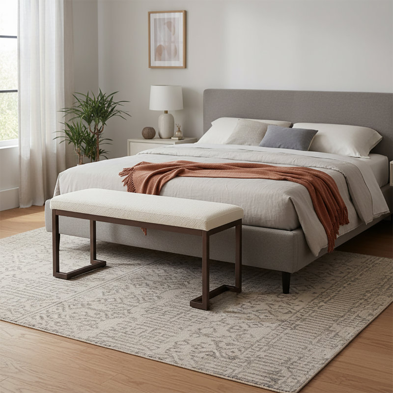 Banc rembourré en tissu bouclé Contemporary Minimalist, Crème, crème