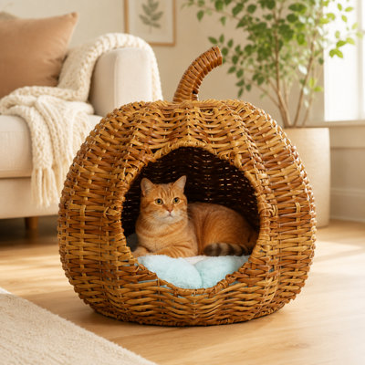 Lit-grotte en rotin tissé à la main en forme de citrouille avec coussin lavable, cachette semi-fermée en osier toutes saisons pour chats et petits chiens, style naturel