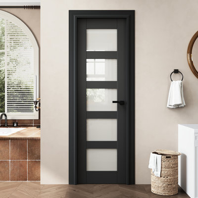 Dalle de porte intérieure en verre givré noir 24 po x 80 po 5-Lite 24 po x 80 po, comme porte pré-suspendue ou porte de grange ou porte de poche ou porte française ou dalle de porte coulissante pour garde-manger, buanderie, chambre à coucher, insonorisée et imperméable, panneau de porte sans trou ou Charnières