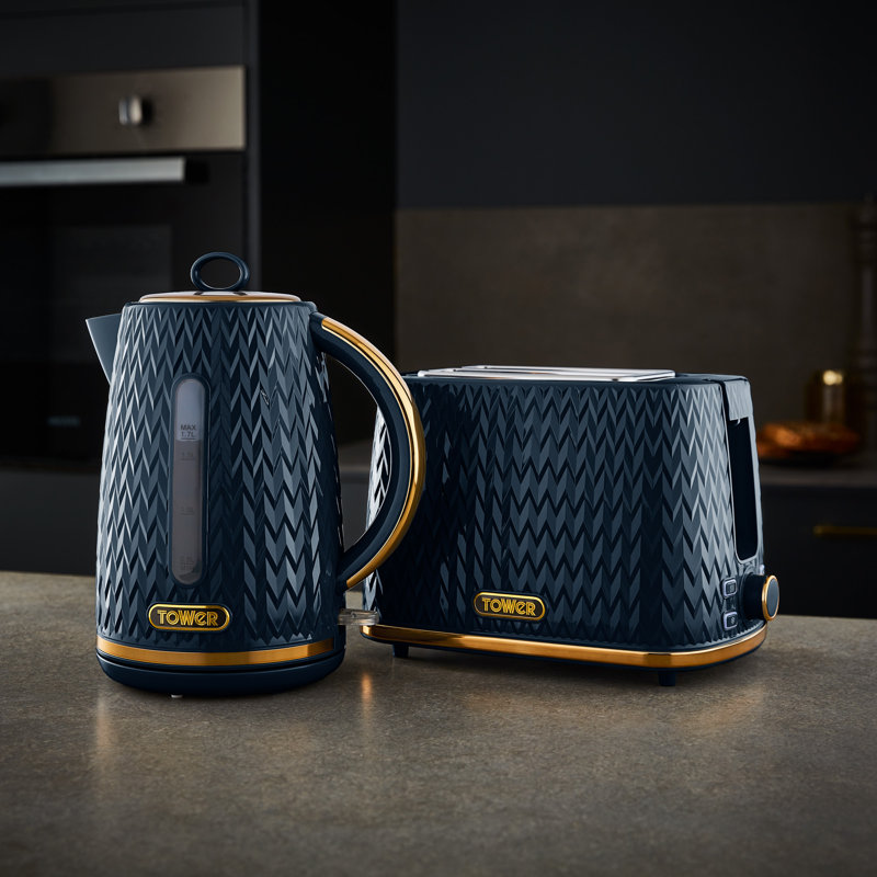 Tower Empire 1.7L Electric Tea Kettle & 4 Slice Toaster, Midnight Blue