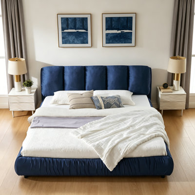 Structure de lit tapissier très grand, style minimaliste moderne avec tête de lit éponge compressée dodue, velours brillant et support de pieds robuste, matelas non inclus - bleu foncé