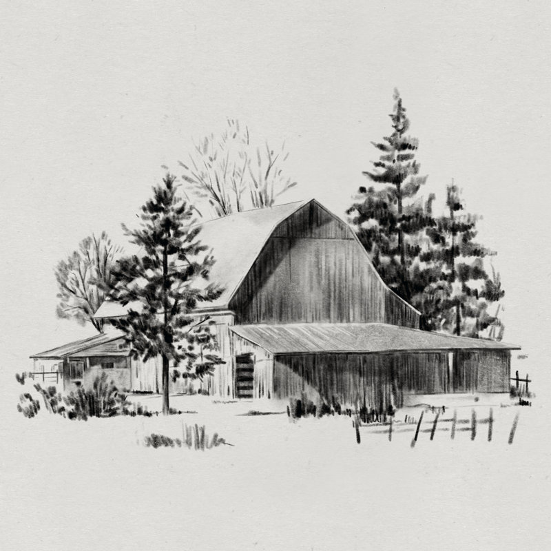 Croquis de grange lointain II, H 30 po x l 30 po