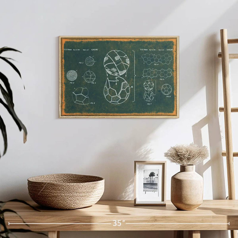 Ballon de soccer bleu sarcelle breveté, 19 po x 13 po, Cadre flottant en bois naturel