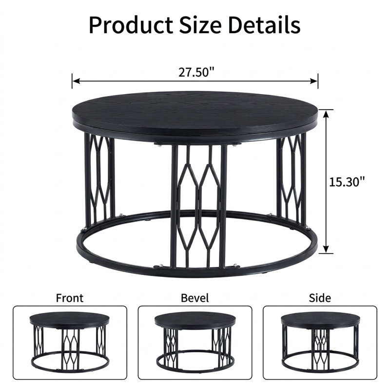 Table basse ronde en panneau de fibres à densité moyenne, conception industrielle rustique, pieds en métal robustes, table d'appoint polyvalente, table de loisirs résistante à l'usure, aux égratignures, faible entretien, longue durée de vie