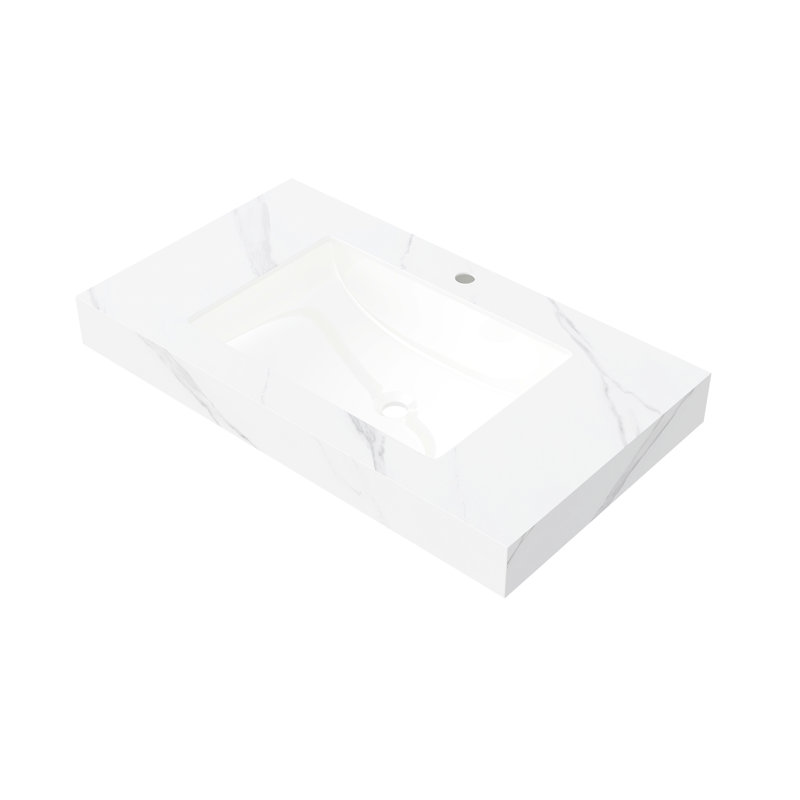Comptoir en pierre frittée blanche de 91,4 cm (36 po) avec lavabo encastré en céramique, un trou pré-percé pour robinet, résistant aux hautes températures et à l'eau, profondeur de 91 cm (35,81 po), hauteur de 21,7 cm (8,51 po).