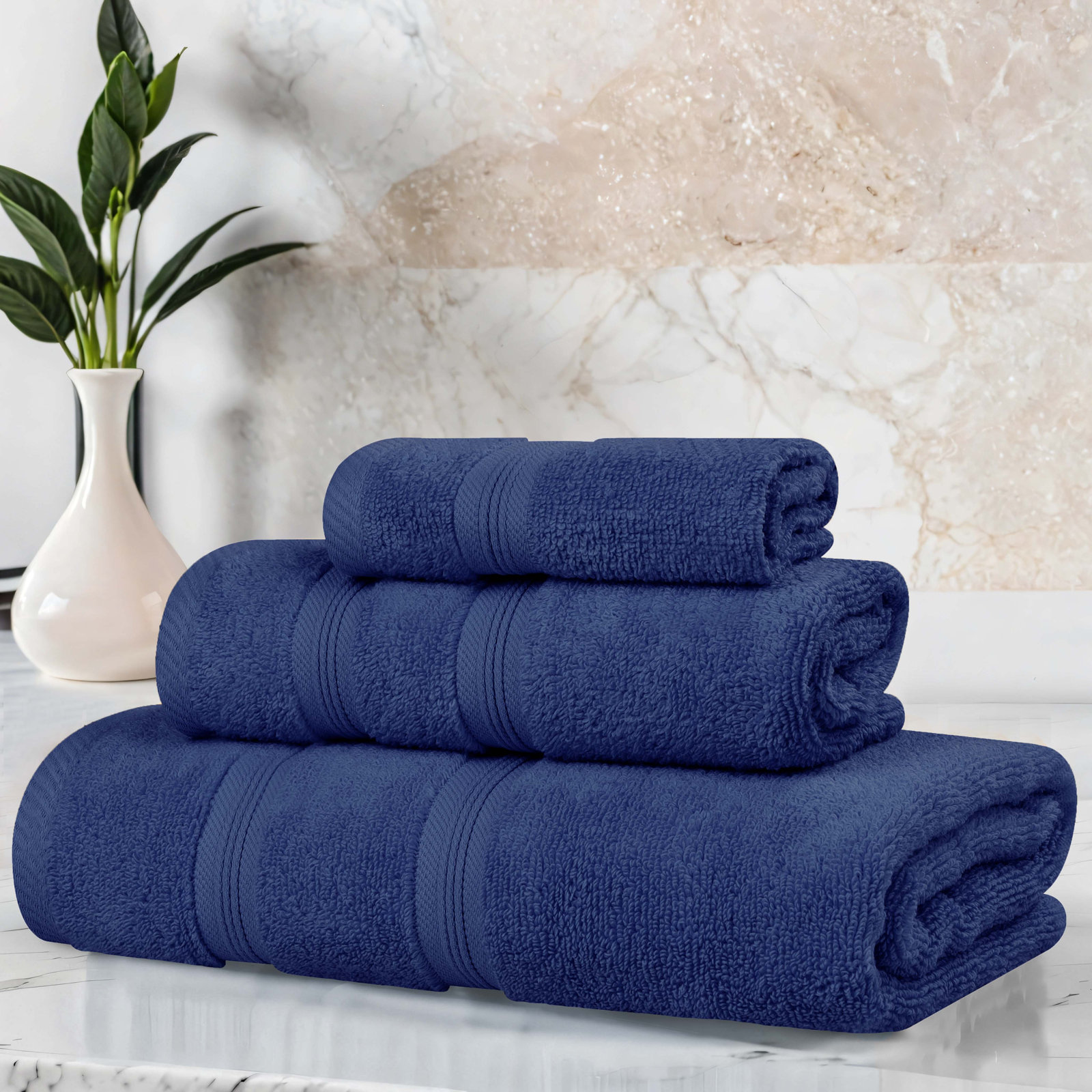 3-Piece Cotton Bath Towel Set, Navy Blue