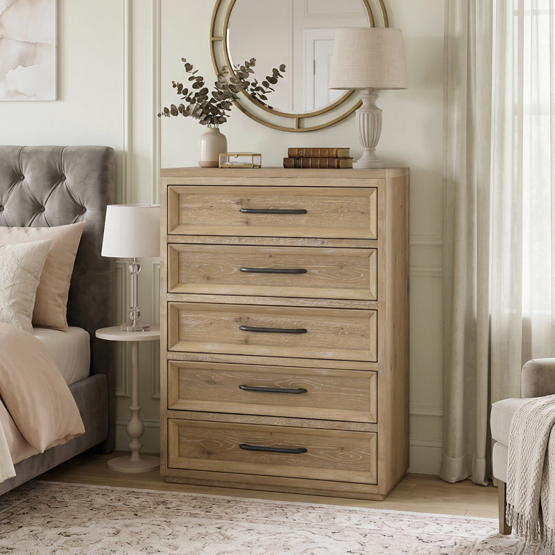 Commode 5 tiroirs en bois massif Kate avec tiroir supérieur doublé de feutre