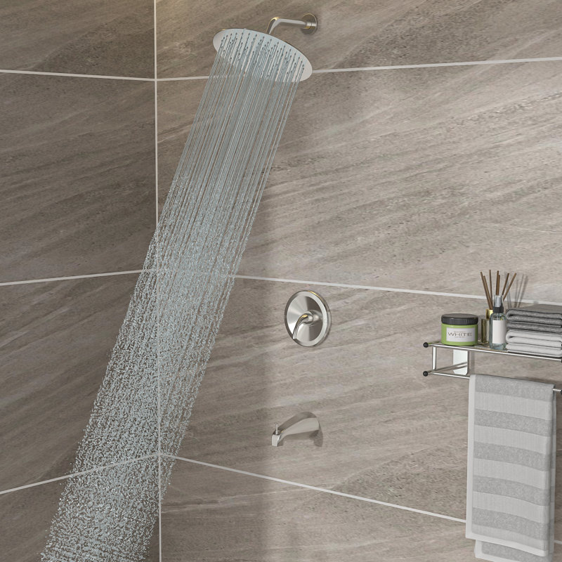 10" Round Rain Shower Head System In Brushed Nickel With Waterfall Tub Spout - Wall Mount, Valve, 360 Adjustable, Easy Installation & Hygiene Care To Install Clean